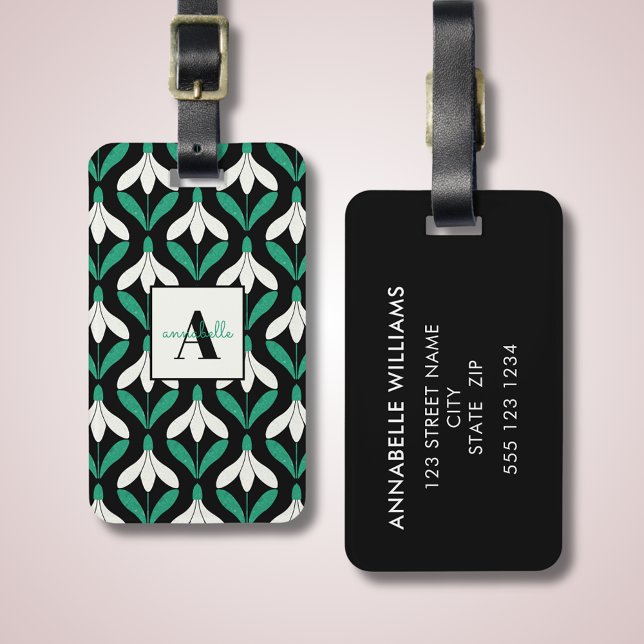 Retro Scandi Mid Century Modern Snödroppsmönster Bagagebricka (Modern Snowdrop, Scandi inspired luggage tag with monogram. Mid century modern.)