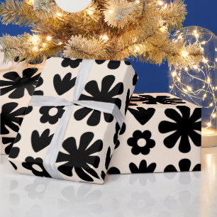 Retro Scandinavian Blommönster Black & Cream Presentpapper
