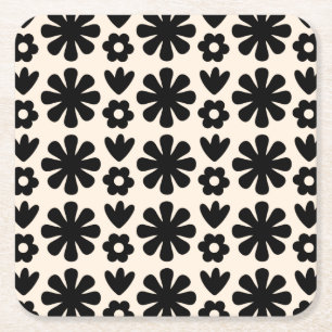 Retro Scandinavian Blommönster Black & Cream Underlägg Papper Kvadrat