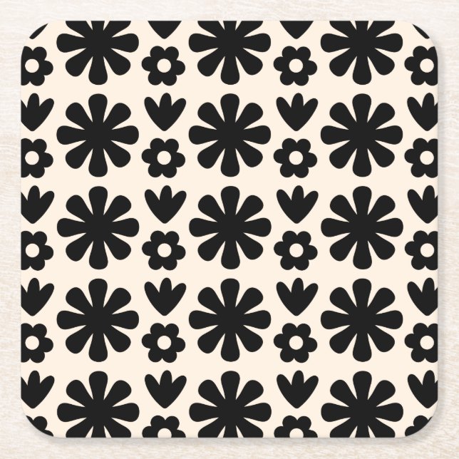 Retro Scandinavian Blommönster Black & Cream Underlägg Papper Kvadrat (Framsidan)