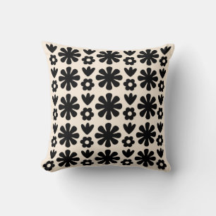 Retro Scandinavian Flower Mönster Black & Cream Kudde
