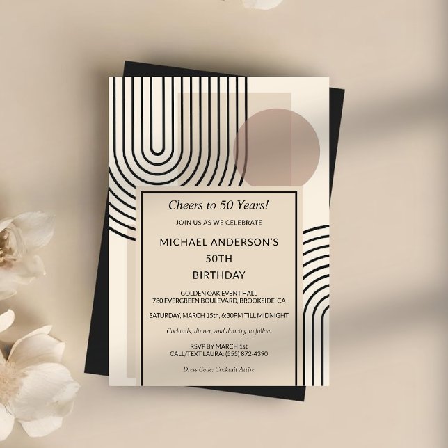 Retro Scandinavian Geometric Line Art Birthday Inbjudningar (Retro Scandinavian Geometric Line Art Birthday Invitation)