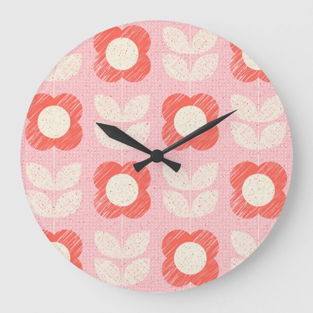 Retro Scandinavian Stylized Blommigt Seamless Stor Klocka (Framsida)