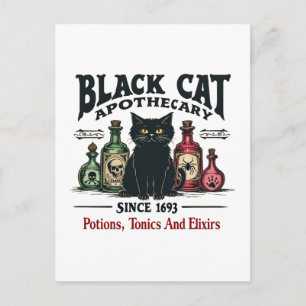 Retro Scary Black Cat Apothecary Witchy Wicca Helg Vykort