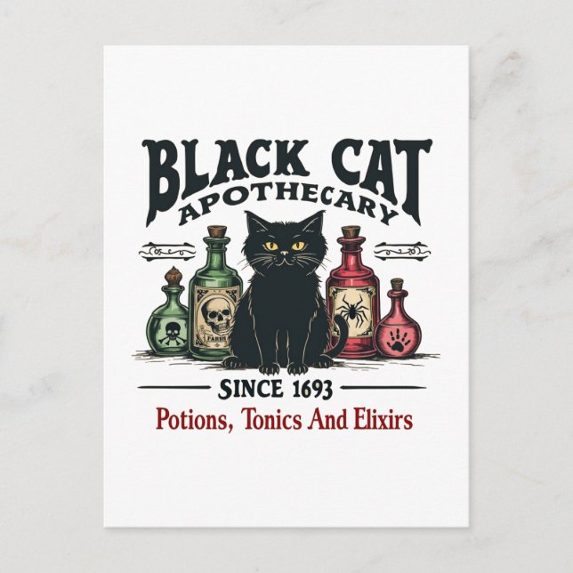 Retro Scary Black Cat Apothecary Witchy Wicca Helg Vykort (Framsida)