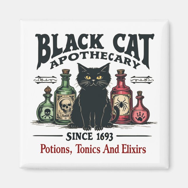 Retro Scary Black Cat Apothecary Witchy Wicca Magnet (Framsidan)