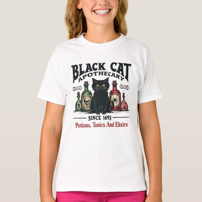 Retro Scary Black Cat Apothecary Witchy Wicca T Shirt (Framsida)