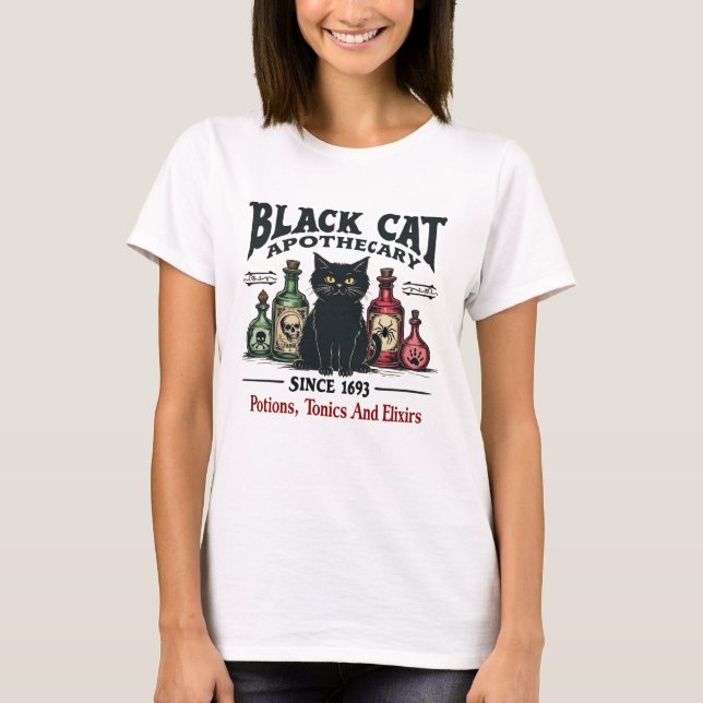 Retro Scary Black Cat Apothecary Witchy Wicca T Shirt (Framsida)
