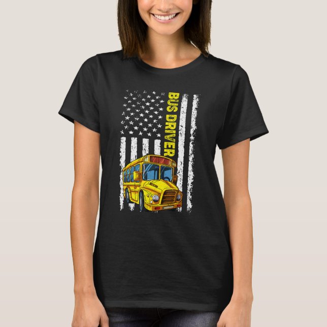 Retro School Bus Driver   Patriotic American Flag T Shirt (Framsida)