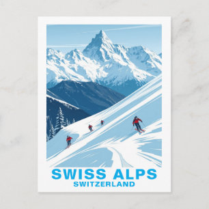 Retro Schweiz Alperna Skidåkning, Schweiz Resa Vykort