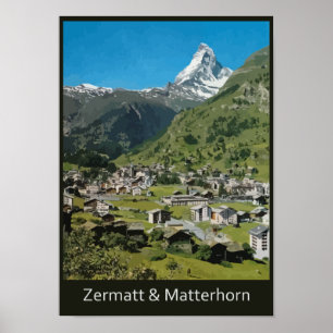 Retro Schweizisk resa Zermatt och Mount Matterhorn Poster