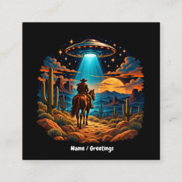 Retro Sci-Fi Cowboy UFO Alien Ökenlandskap Fyrkantigt Visitkort