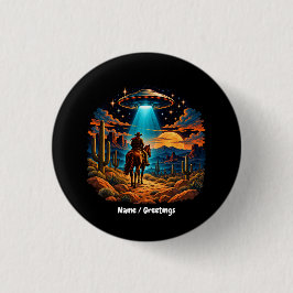 Retro Sci-Fi Cowboy UFO Alien Ökenlandskap Knapp