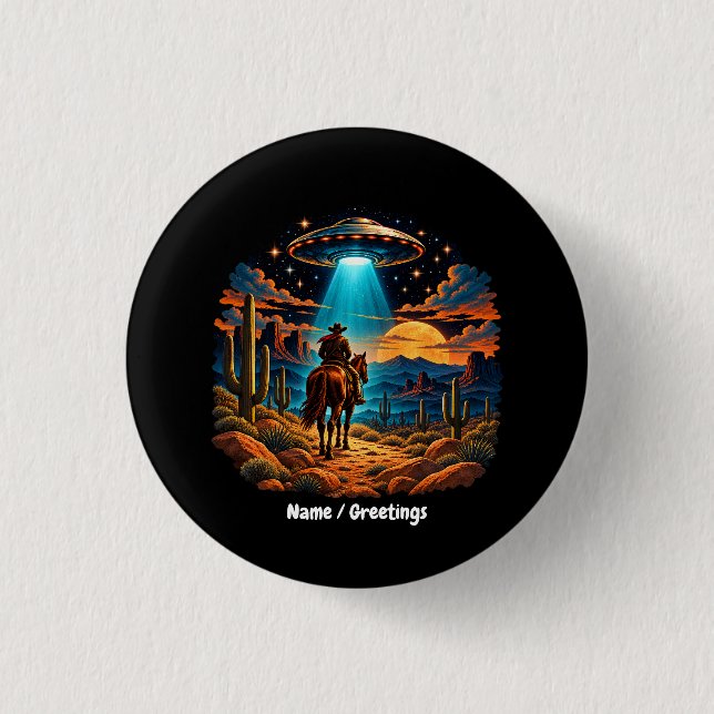 Retro Sci-Fi Cowboy UFO Alien Ökenlandskap Knapp (Framsida)