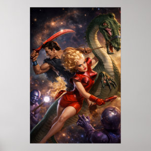 Retro Sci-Fi Fantasy Rymdkonst Poster