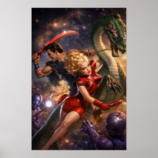 Retro Sci-Fi Fantasy Rymdkonst Poster (Framsidan)