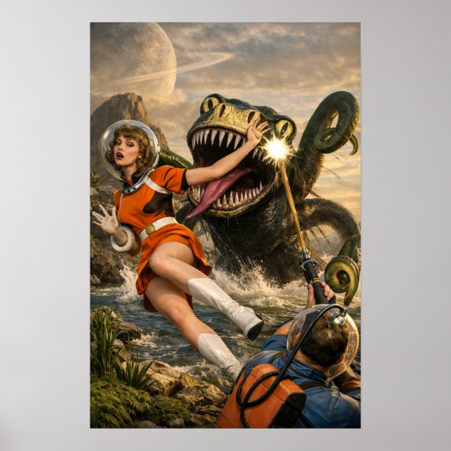 Retro Sci-Fi Fantasy Rymdmonster Konst Poster (Framsidan)