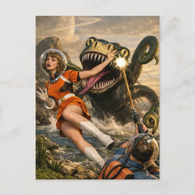 Retro Sci-Fi Fantasy Rymdmonster Konst Vykort (Framsida)