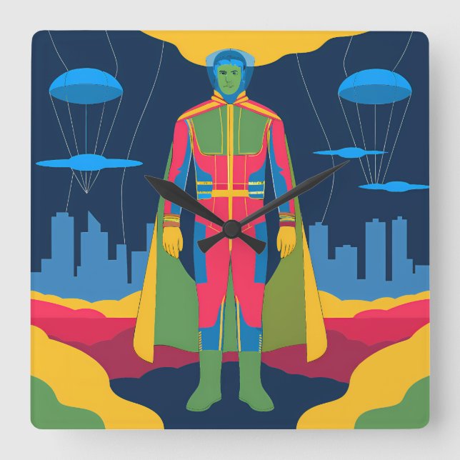Retro Sci-Fi Hero Over Cityscape Fyrkantig Klocka (Framsida)
