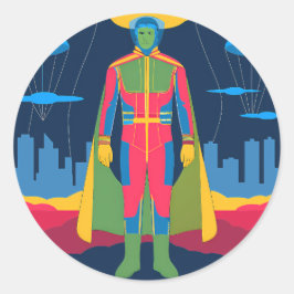 Retro Sci-Fi Hero Over Cityscape Runt Klistermärke
