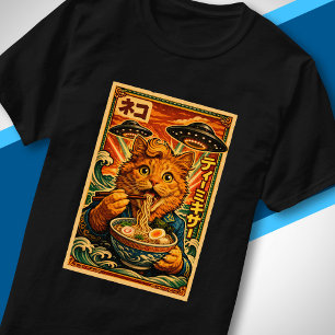 Retro Sci-Fi Japansk UFO Rolig Katt som äter Ramen T Shirt