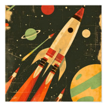 Retro Sci-Fi Raket Rymd Illustration Design