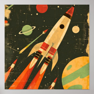 Retro Sci-Fi Rocket Space Illustration Design Poster