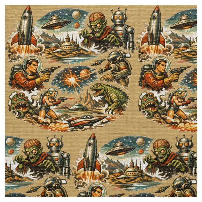 Retro Sci-Fi Serietidningskonst Vignett Mönster Tyg (Provkarta)