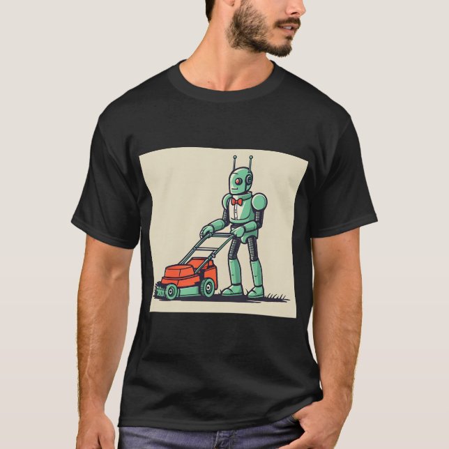 Retro Sci Fi Tecknad Robot och Lawnmower T Shirt (Framsida)