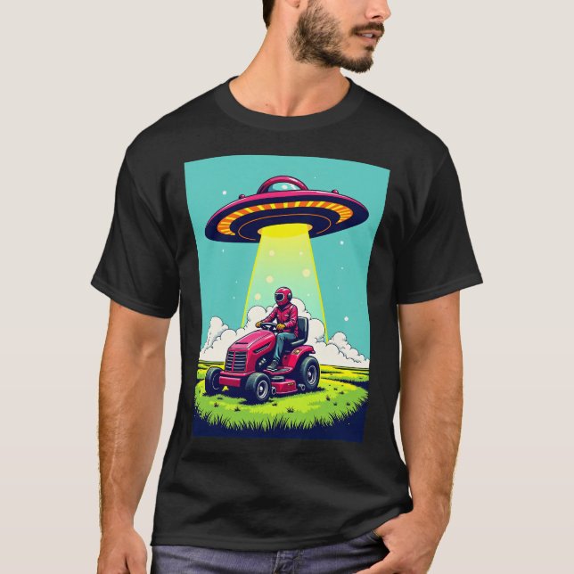 Retro Sci Fi Tecknad Rocket Frakt och Lawnmower T Shirt (Framsida)
