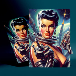 Retro Sci-Fi Woman-målning Vykort