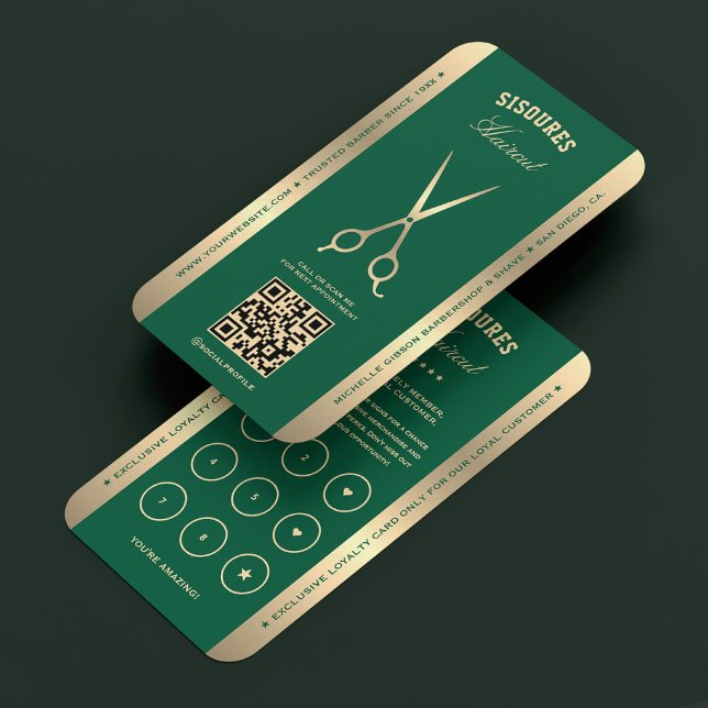 Retro Scissors Hunter Grönt Barber Loyalty Visitkort (Retro Scissors Hunter Green Barber Loyalty Business Card
)