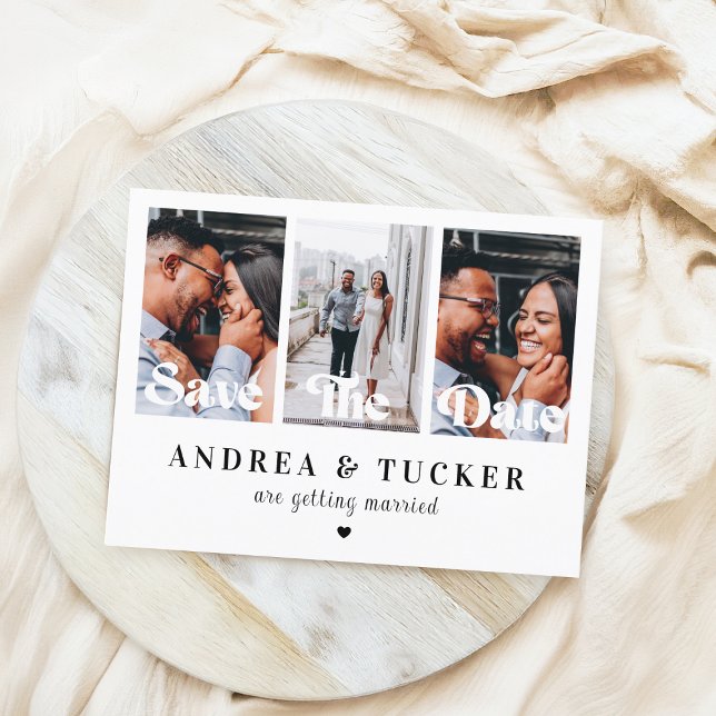 Retro Script 3 Photo Collage Bröllop spara datum Vykort (Skapare uppladdad)