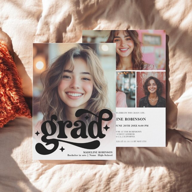 Retro Script Black White 4 Photo Studenten Inbjudningar (Retro Script Black White 4 Photo Graduation Invitation)