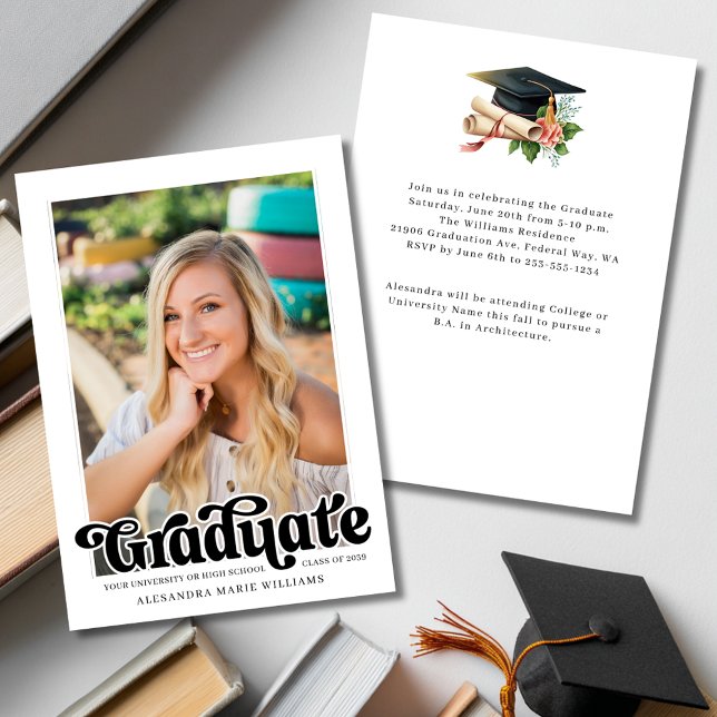Retro Script Foto Examenstårtor fête Inbjudningar (Retro Script Photo Graduation Party Invitation
)