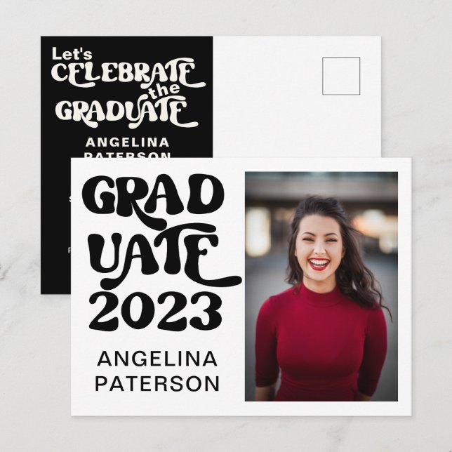 Retro Script Foto Svart & Vit Examen Fest Inbjudan Vykort (Fram/baksida)