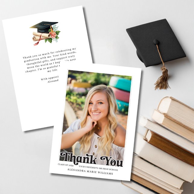 Retro Script Photo Graduation Tack Kort (Retro Script Photo Graduation Thank You Card)