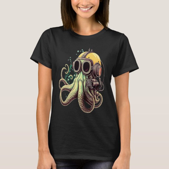 Retro Scuba Diver Weird Octopus Design Octopus Hel T Shirt (Framsida)