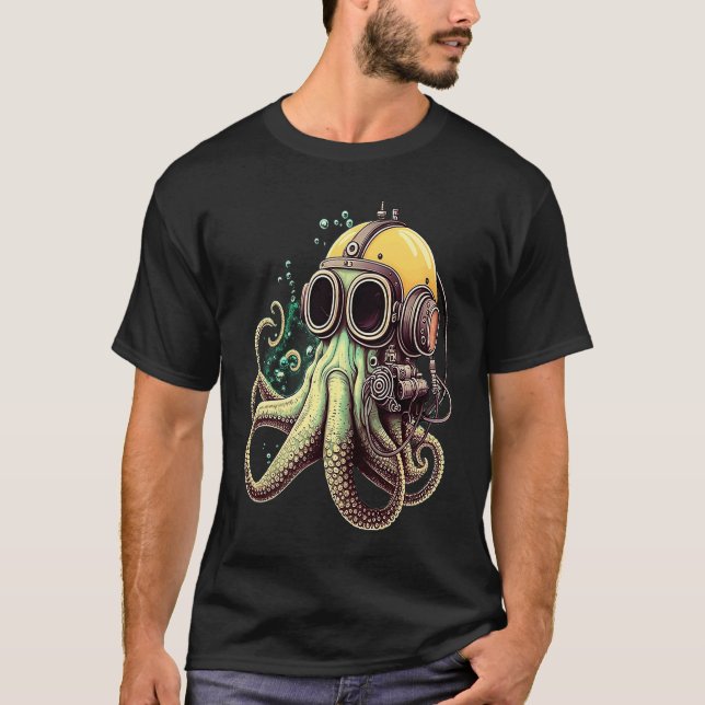 Retro Scuba Diver Weird Octopus Design Octopus Hel T Shirt (Framsida)