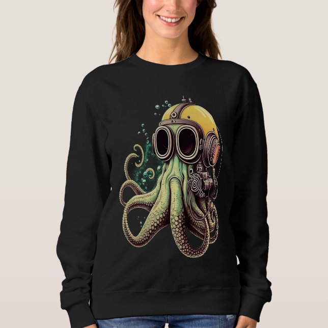 Retro Scuba Diver Weird Octopus Design Octopus Hel T Shirt (Framsida)
