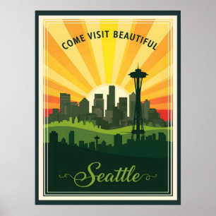 Retro Seattle-horisont med Space Needle vid solned Poster