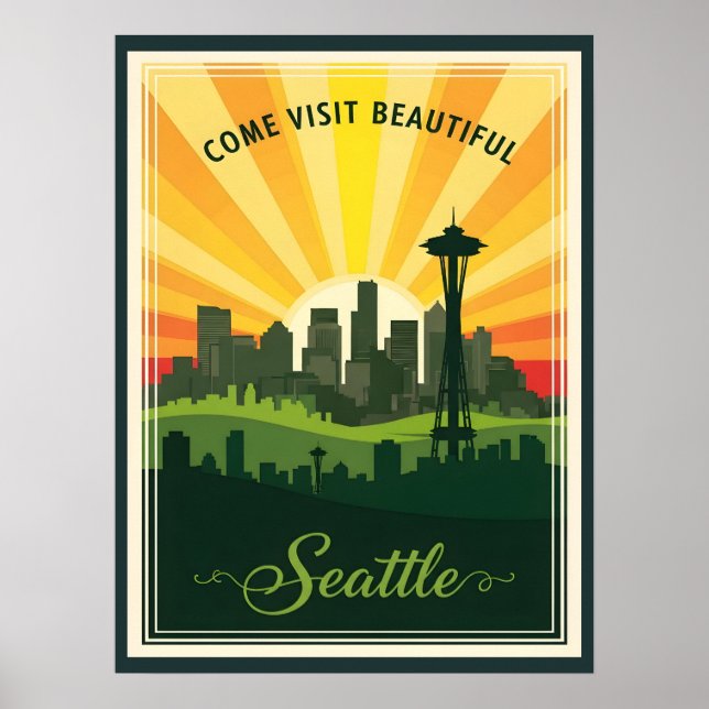 Retro Seattle-horisont med Space Needle vid solned Poster (Framsidan)