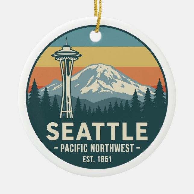 Retro Seattle Pacific Northwest Mt. Rainier Julgransprydnad Keramik (Framsidan)