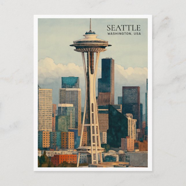 Retro Seattle Skyline Akvarell Postkort Konst Helg Vykort (Framsida)