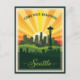 Retro Seattle skyline med rymden nål vid solnedgån Vykort