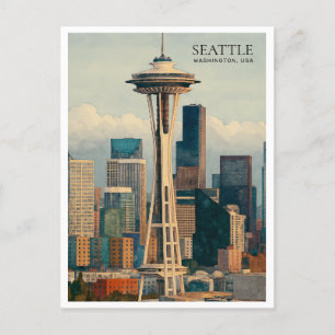 Retro Seattle Skyline Watercolor Postcard Art Helg Vykort