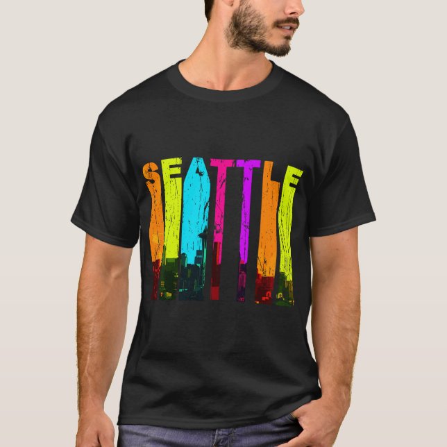 Retro Seattle Washington Cityscape Skyline T Shirt (Framsida)