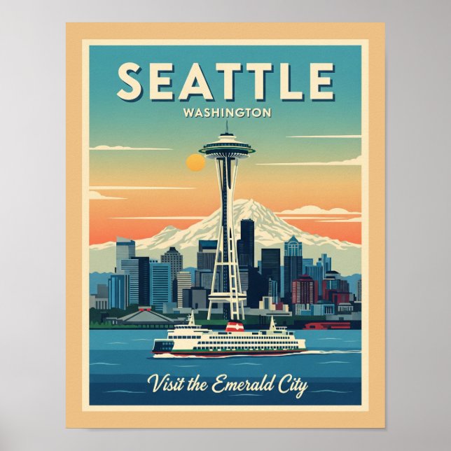 Retro Seattle Washington Space Nål Poster (Framsidan)