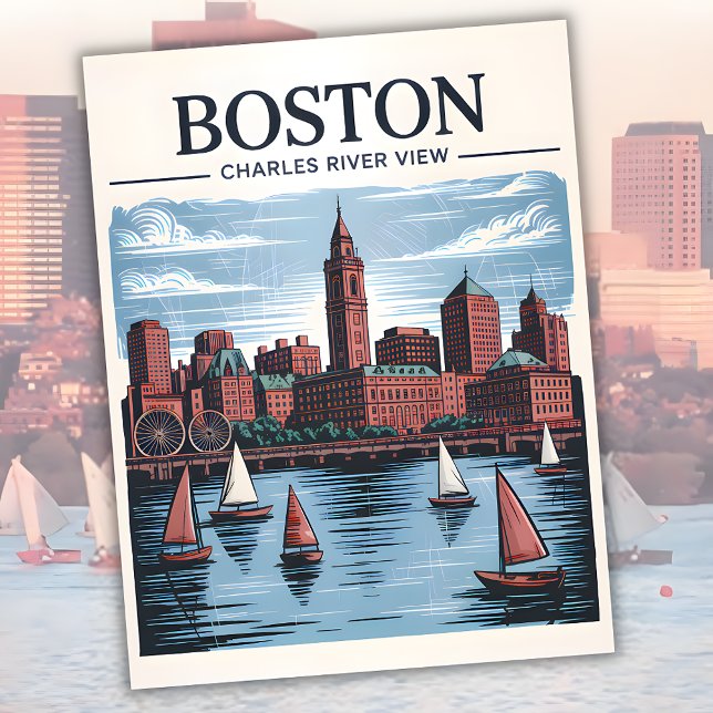 Retro segelbåt Boston Massachusetts Stadssiluett R Vykort (Retro Boston Sailboat Massachusetts Skyline Travel Postcard)