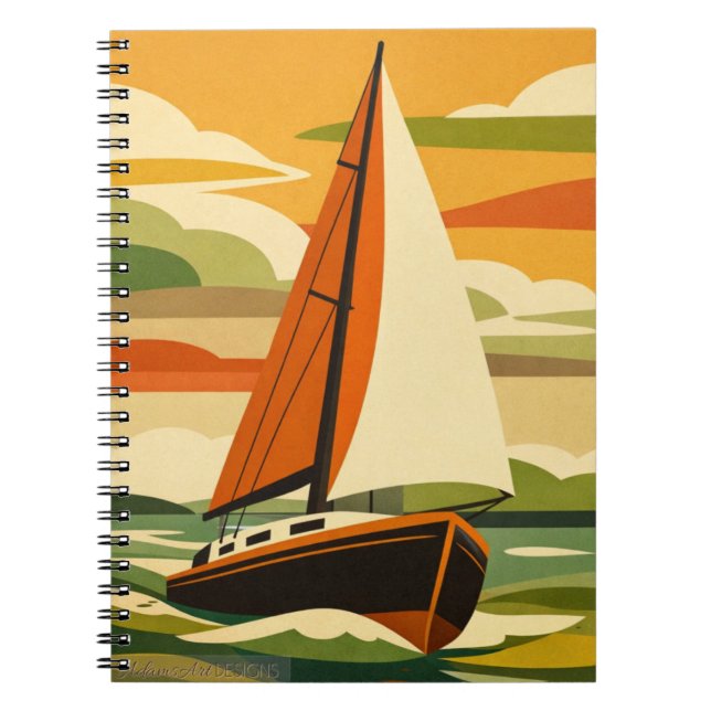 Retro segelbåt solnedgångsresa anteckningsbok (Framsidan)